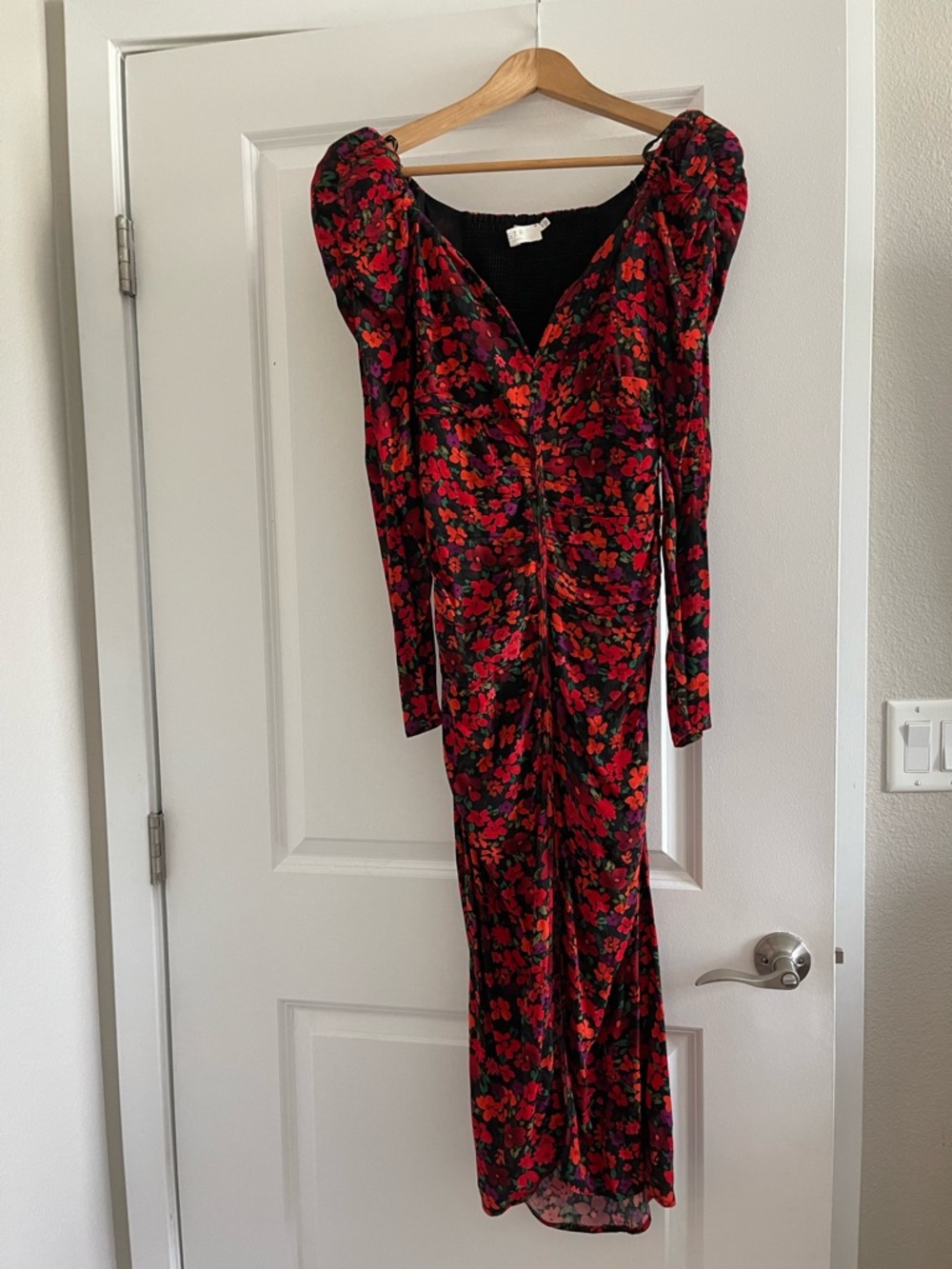 ASTR Black Smocked Midi Dress with Red Trim